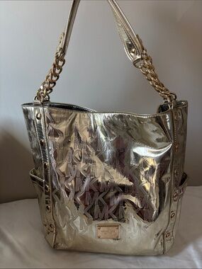 Michael Kors Shiny Metallic Gold Logo-Embossed Tote